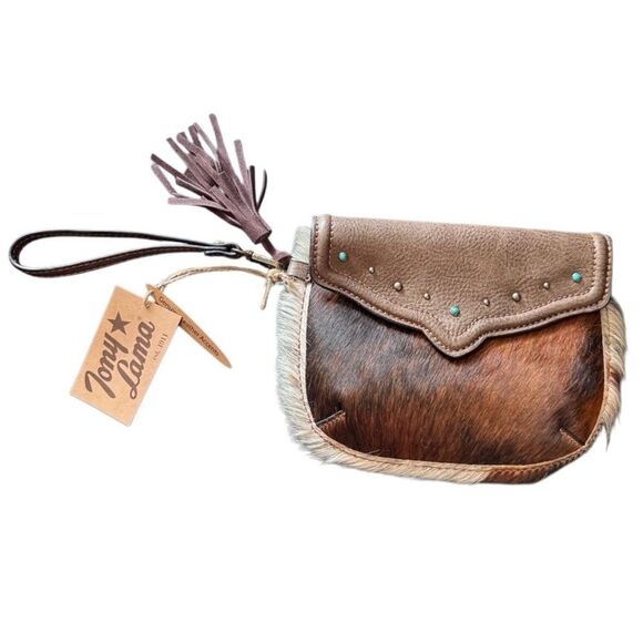 NWT- Tony Lama- Genuine Leather and Hair w Turquoise Detail Wristlet Purse